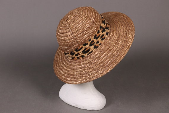 vintage Brown Straw Hat with Leopard Band - 80's … - image 5