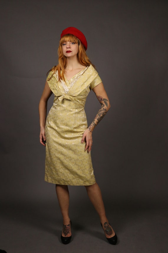 1950s Beige Yellow Cocktail Dress - Size S - image 8