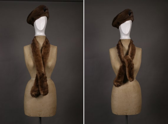 1940's French Fur Beret Hat and Scarf Set - 40's F