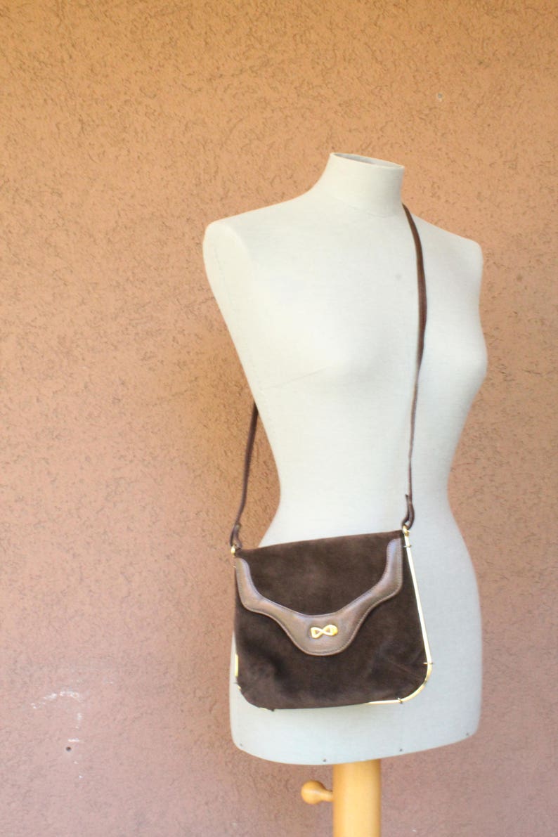 metal triming 1960/'s Brown Suede leather bag