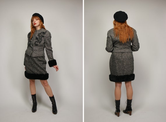 Byblos, 1990's ICONIC BYBLOS Grey Wool and Black Faux Fur 2 Pieces Suit - 90's Byblos Wool Suit - Size S