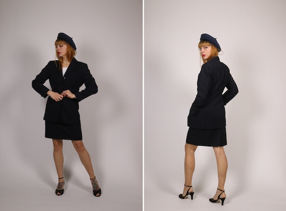 Akris, Vintage Akris Wool Suit – 1980s Striped Skirt & Jacket, Size S/M