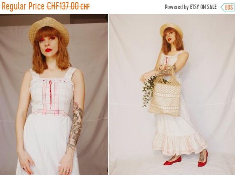 15/% 1970/'s Peasant Edwardian Linen Summer Dress 70/'s Long White and Red Linen Dress ON SALE