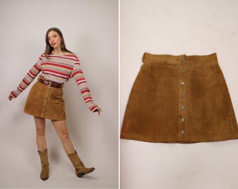 1970s Beige Mini Suede Leather Dress - Size S-M