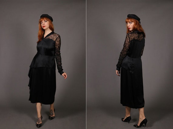 1930's ART DECO Black Rayon Dress - 30's Lace and