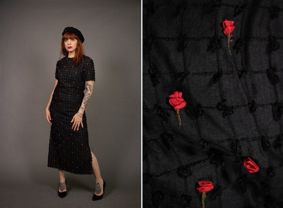 Late 1950's Black and red 3D Roses Maxi Dress - S… - image 1