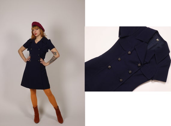 50s60s Navy Wool wiggle dress pockets Small with bow