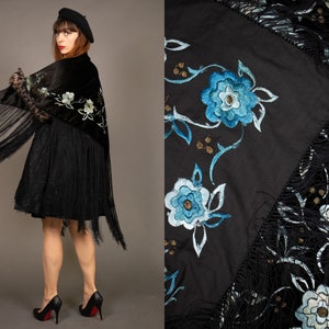 Antique Black Velvet and Silk Embroidered Piano Shawl - 1900's Black Vevlet Floral Piano Shawl