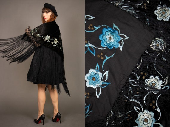 Antique Black Velvet and Silk Embroidered Piano Sh