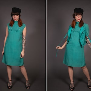 1960&#39;s Rayon Dress and Bolero - 60&#39;s Mint Green Beaded Dress - Size M
