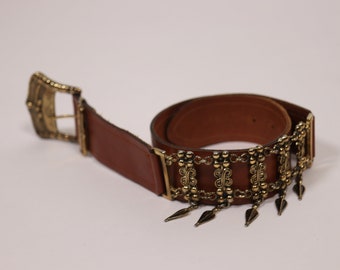 Vintage 80s Faux Wood Link Waist Belt Brown Boho Geometric‎ Brass Silver 24-31\
