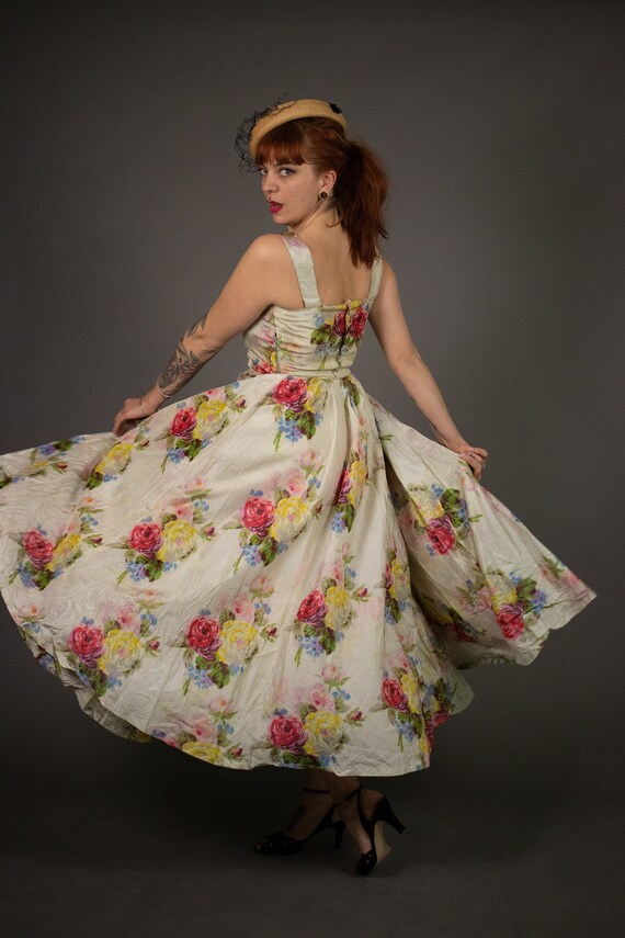 1940's Rayon Floral Summer Party Dress - 40's Hug… - image 5