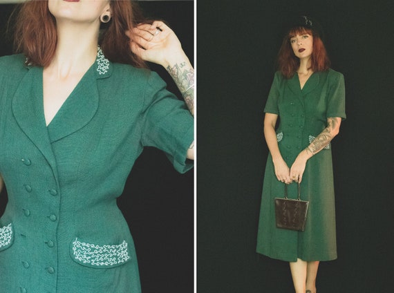 1930's Green Cotton Soutache Dress - 30's Emerald