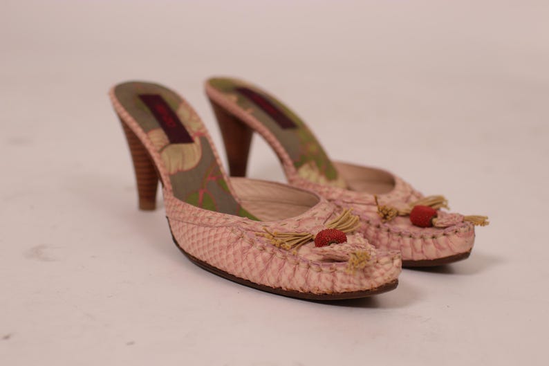 May include: A pair of pink heeled mules with a snakeskin pattern. The shoes have wooden heels, decorative tassels, and small red embellishments. The interior features a floral design.