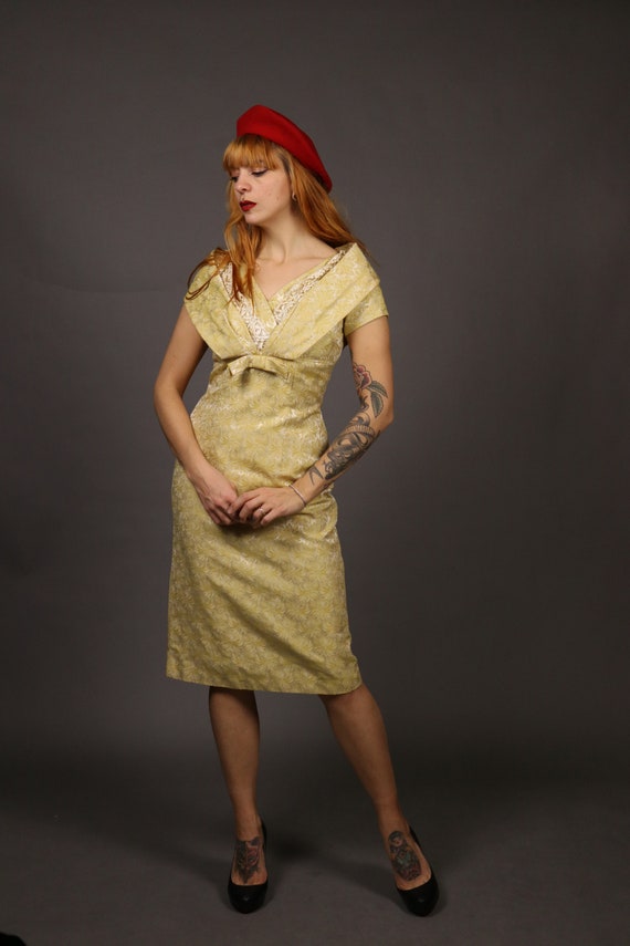 1950s Beige Yellow Cocktail Dress - Size S - image 4