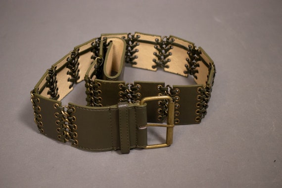 Khaki green Studded Leather Belt with Brass Buckle Rocker Biker Belt Women M Khaki Green Brass Tone Studded  main image 2