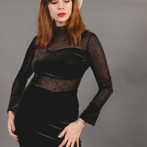 1970's Brown Maxi Velvet Dress - 70's Asian Cut Out Velvet and Mesh Dress - Size S image 2