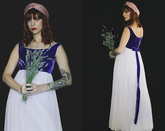 1960's Union Made Worker made- 60's Sylvia Anu Purple Velvet and silk - 1960's Velvet and Silk Empire Dress - Size S-M