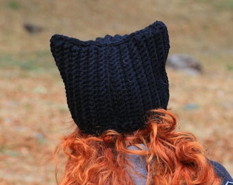 Handmade winter Black Hat with cat ears