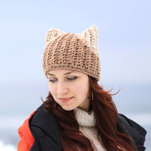 Crochet Cat Hat: Beige Knit Beanie with Ears