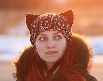 Winter black fox ears hat - crochet unisex adult beanie best gift idea for animal lovers dog cat owl