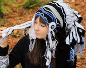 Blue crochet unisex beanie - ethnic shaman headdress - chief adult hat knit feather