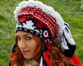 Winter Red White Black Crochet beanie Native style Chief hat Indian Headdress Knit yarn Feather shamanic Roach carnival magician bestseller