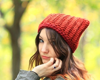Red fox ear beanie, adult slouchy crochet orange cat hat, thick winter yarn