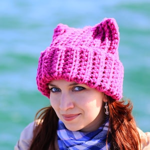 Crochet pink pussyhat womens rights hat with animal ears