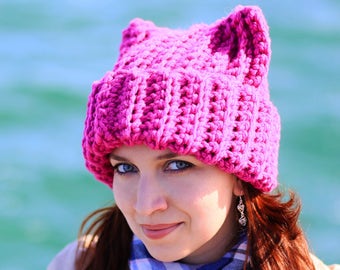 Crochet pink pussyhat womens rights hat with animal ears