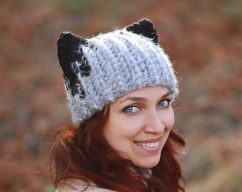 Light gray Hat with black ears Wolf Crochet slouchy cap gift idea animal fashion dog ears fall teens casual style Adult costume fun beanie