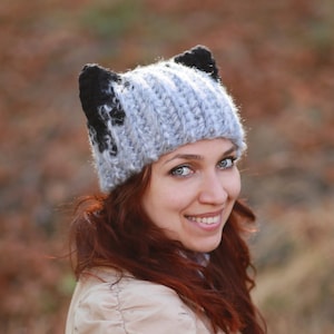 Light gray Hat with black ears Wolf Crochet slouchy cap gift idea animal fashion dog ears fall teens casual style Adult costume fun beanie