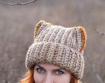Teddy bear ear hat, beige yellow crochet cat beanie for adults