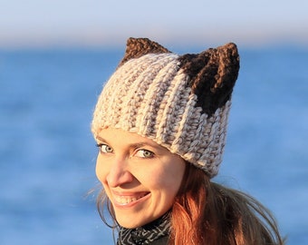 Crochet beige husky hat with brown ears Siamese cat