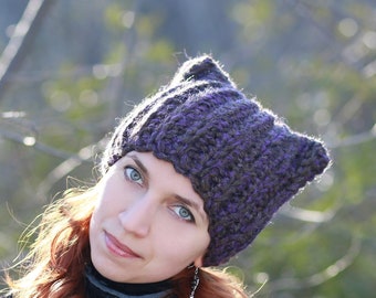 Purple brown animal hat with ears - unisex adult crochet fox beanie - gift idea chunky dog ear cat most popular item kitten kawaii hat
