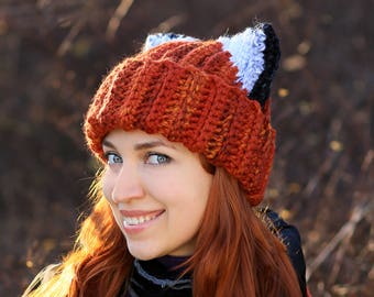 Beanie with red fox ears - crochet orange slouch cat hat