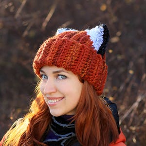 Beanie with red fox ears - crochet orange slouch cat hat