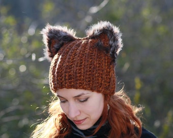 Winter hat with squirrel ears crochet unisex adult beanie natural fur black fox ears hat-  best gift idea for animal lovers dog cat owl pets