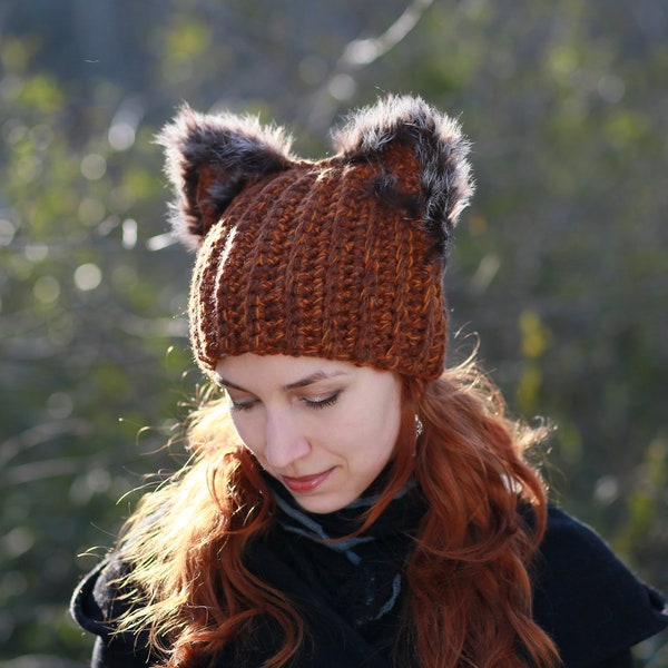 Winter hat with squirrel ears crochet unisex adult beanie natural fur black fox ears hat-  best gift idea for animal lovers dog cat owl pets