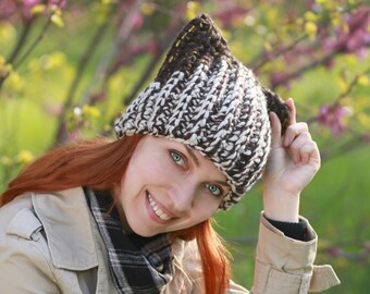 Crochet Cat Ears Beanie: Brown & White Knit Winter Hat with metallic threads