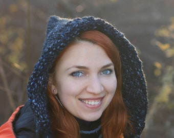 Black gray pointed hood with tassels Knitted Handmade Ear Flap Hat Hoodie Bonnet Fairy toddler pixie hood witch Woodland Gnome festival cape