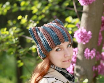 Crochet Cat Ear Beanie: Pink & Blue Knit Hat, Kawaii Costume