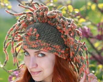 Forest wreath crochet green orange horns hat woodland nymph headband festival cosplay costume druid adult crown