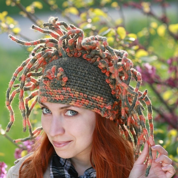 Forest wreath crochet green orange horns hat woodland nymph headband festival cosplay costume druid adult crown