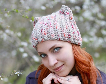 Beige adult hat with cat ears - Crochet wolf dog animal lovers accessory - kitten spring fox beanie