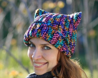 Multicolored Crochet Cat Hat – Winter Animal Beanie, Ears