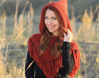Orange crochet small  Skjoldehamn inspired hood with fringe