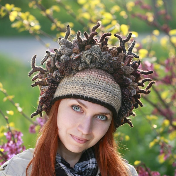 Forest wreath stick crochet brown green hat with horns woodland nymph festival cosplay costume druid deer adult animal autumn fall beanie