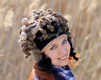 Beige Black Steampunk Crochet Headdress, Carnival Festival Beanie
