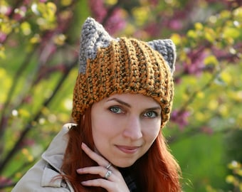 Yellow gold cat ears hat - chunky crochet mustard soft beanie - winter knit animal unisex cat lover gift